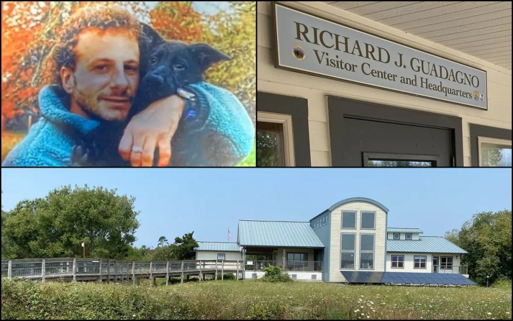 The visitor center at Humboldt Bay National Wildlife Refuge in California is named for Guadagno, who oversaw construction of the building but didn’t live to see it completed. Above he is with Raven, his German shepherd puppy.