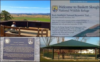 At Baskett Slough National Wildlife Refuge in Oregon, top, a trail and an observation platform are dedicated to Richard J. Guadagno. He worked there from 1992 to 2000 as a manager and federal wildlife officer. At Great Swamp National Wildlife Refuge, bottom, in his home state of New Jersey, a pavilion and plaque honor him. Guadagno began his career there in the 1980s.