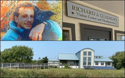 The visitor center at Humboldt Bay National Wildlife Refuge in California is named for Guadagno, who oversaw construction of the building but didn’t live to see it completed. Above he is with Raven, his German shepherd puppy.