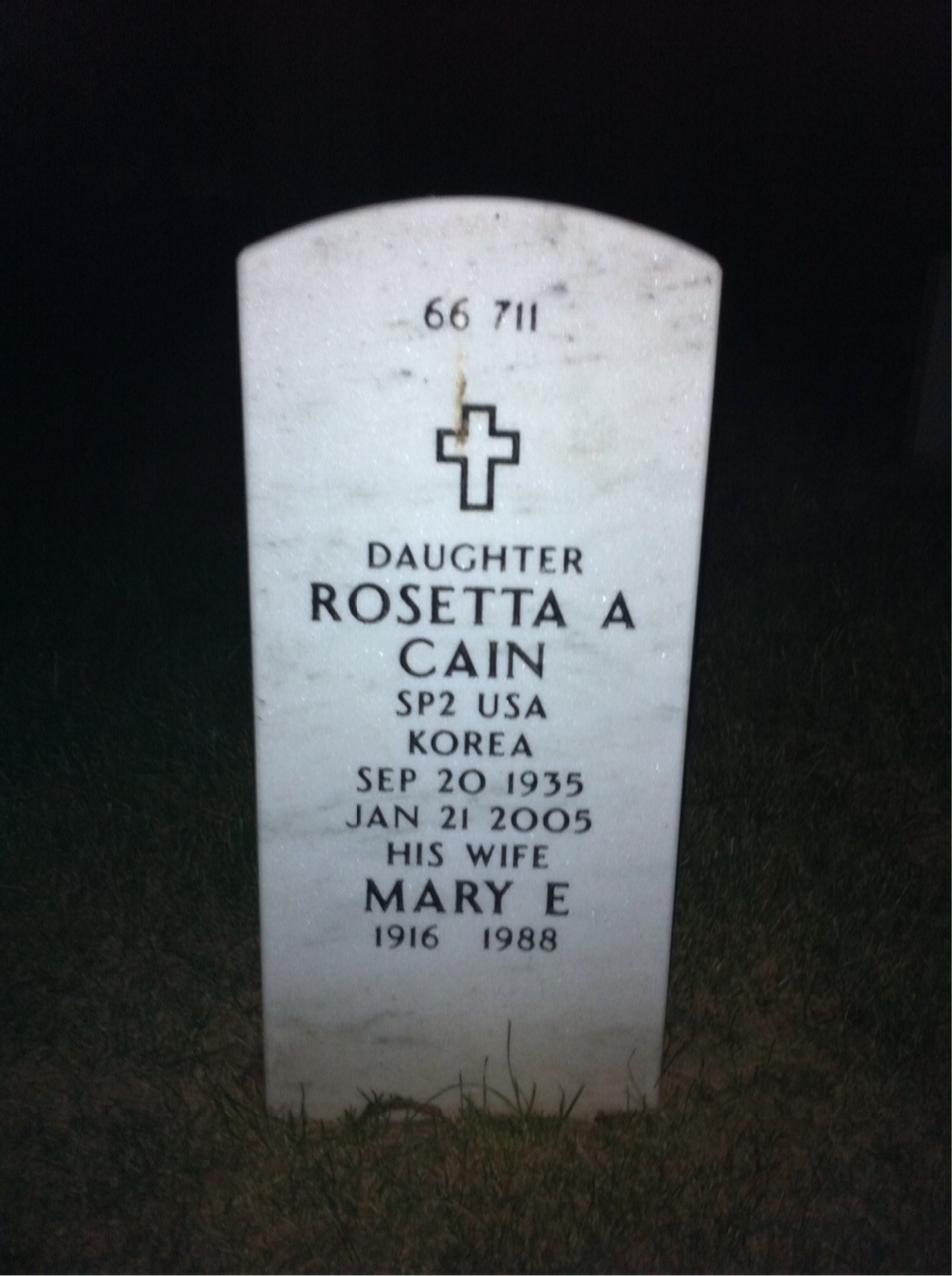 Back of headstone — Rosetta Cain
