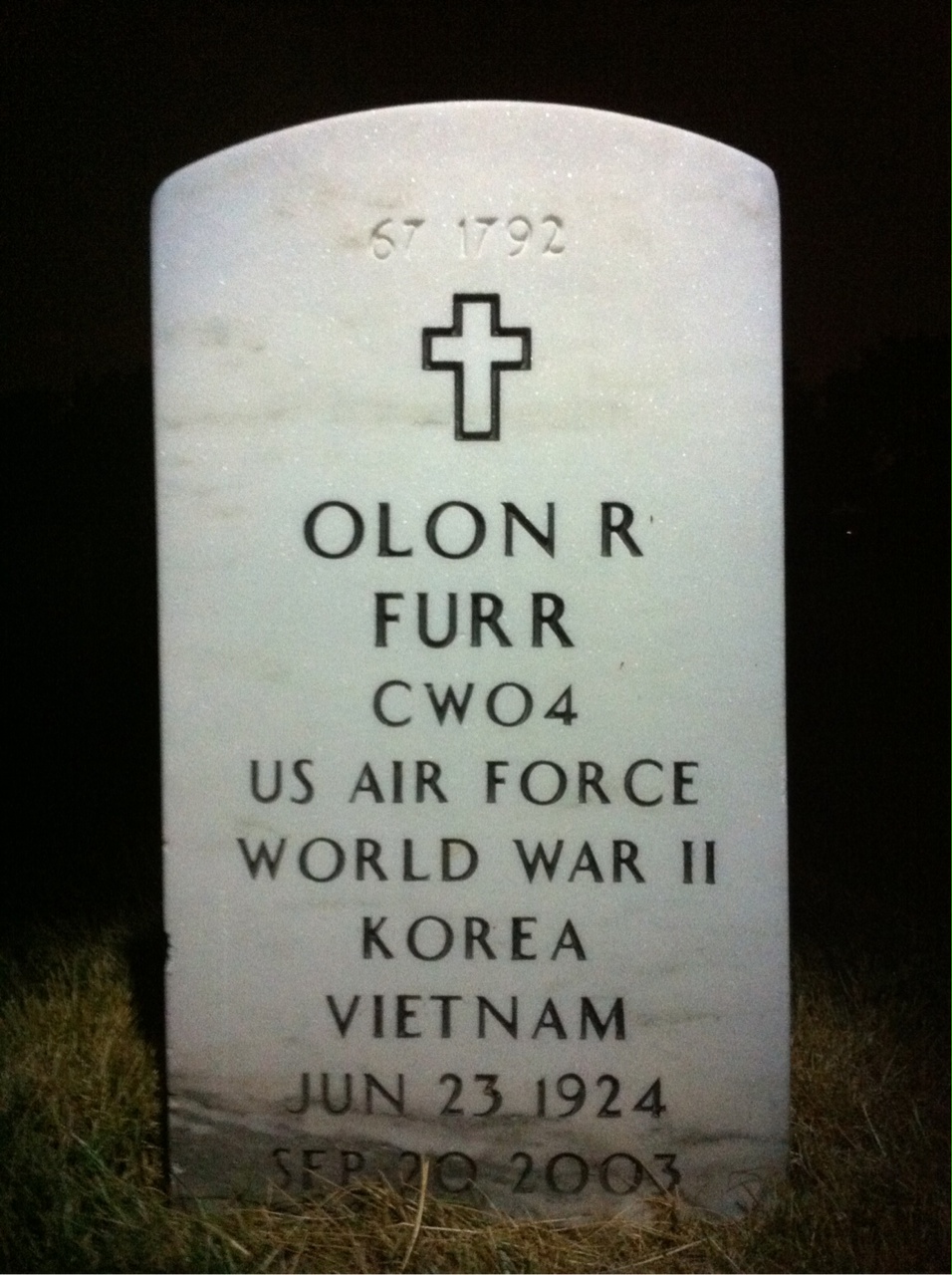 Back of headstone — Olon Furr