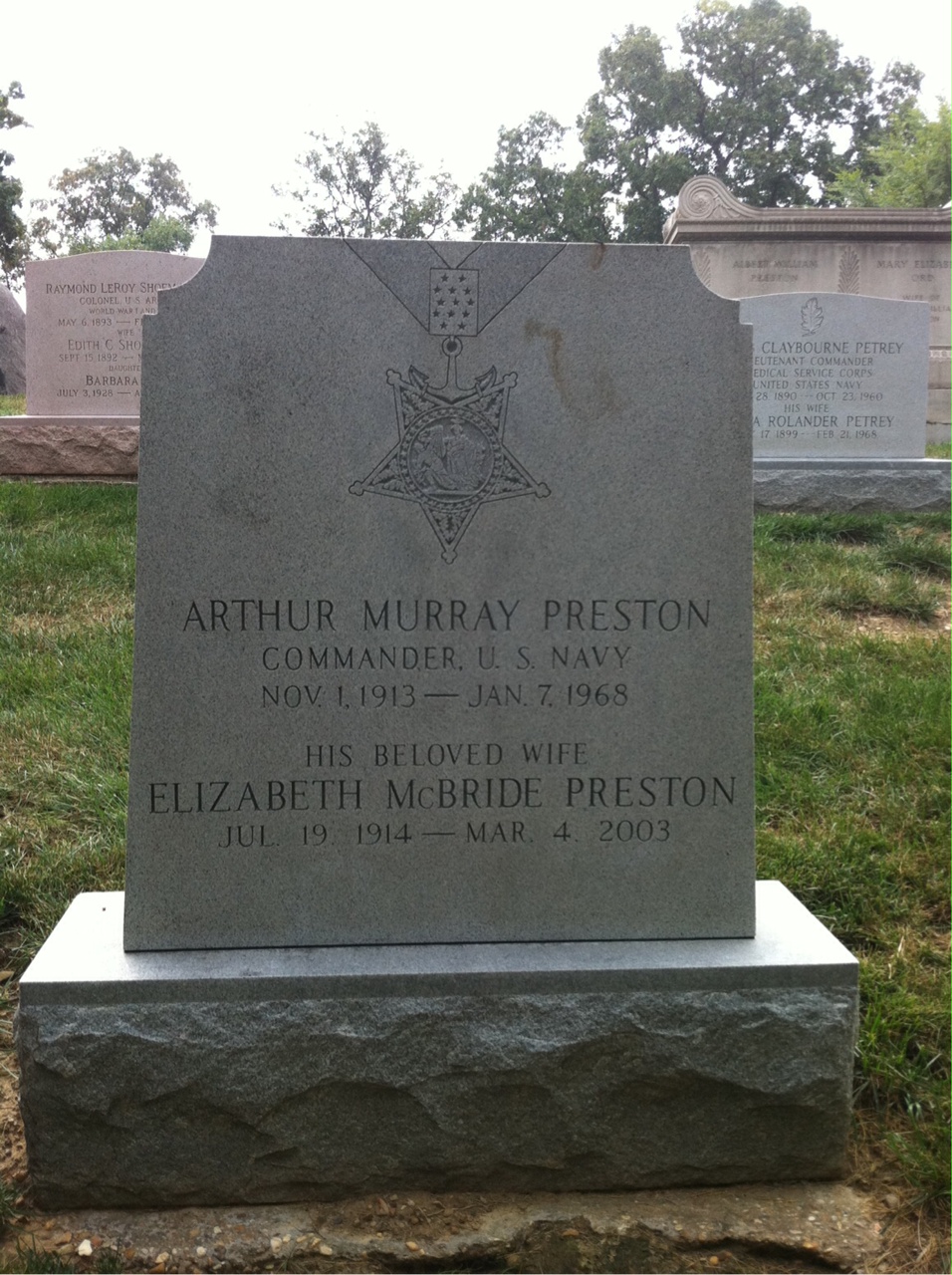 Headstone shared by 2 interments, including Arthur M. Preston