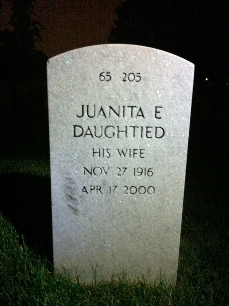 Back of headstone — John Daughtied