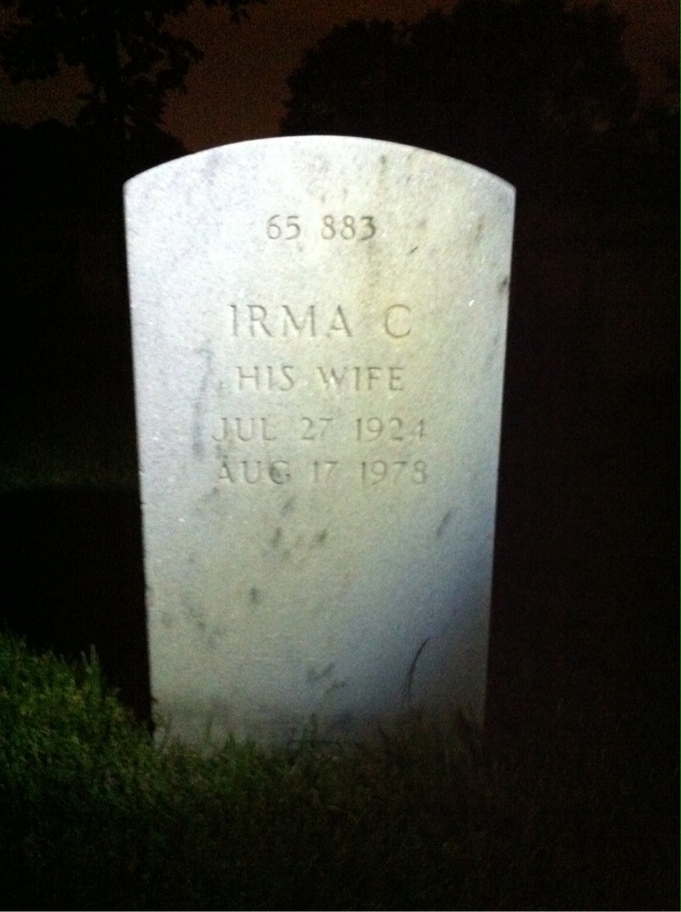 Back of headstone — Irma Atkinson