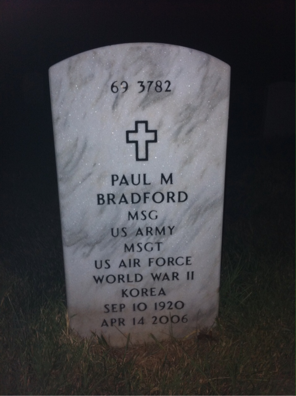 Back of headstone — Paul Bradford