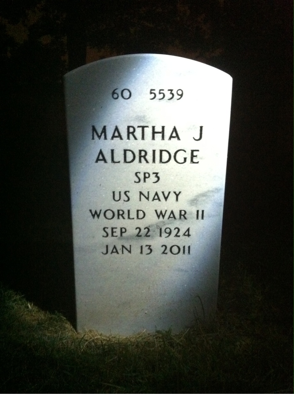 Back of headstone — Martha Aldridge