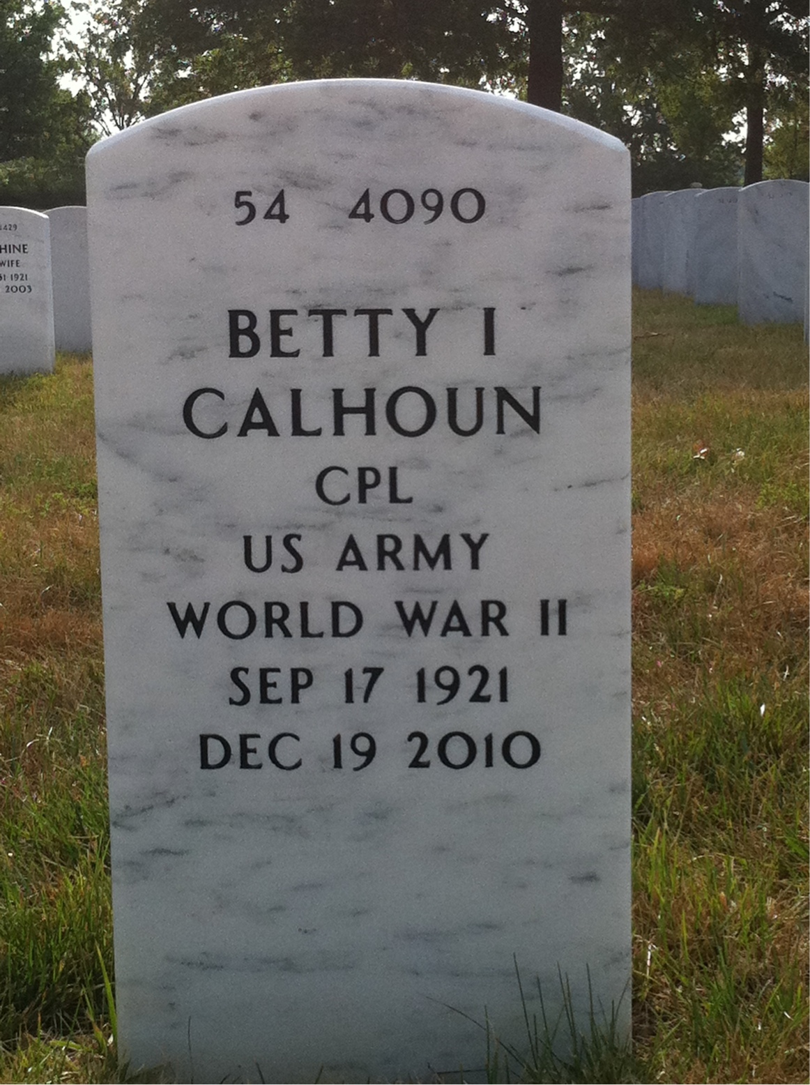 Back of headstone — Betty I Calhoun