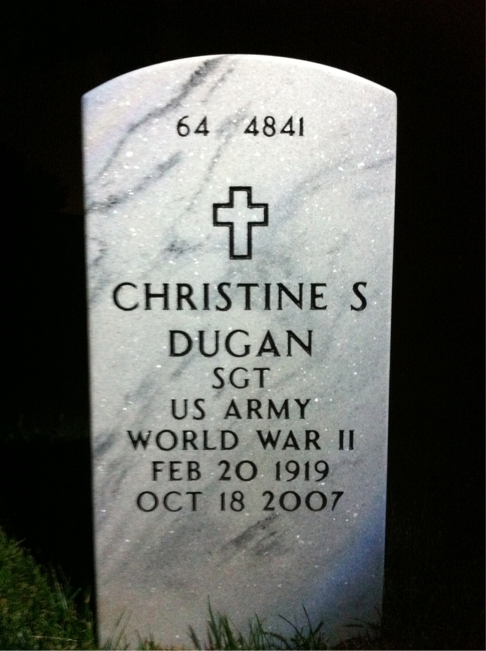 Back of headstone — Christine Dugan