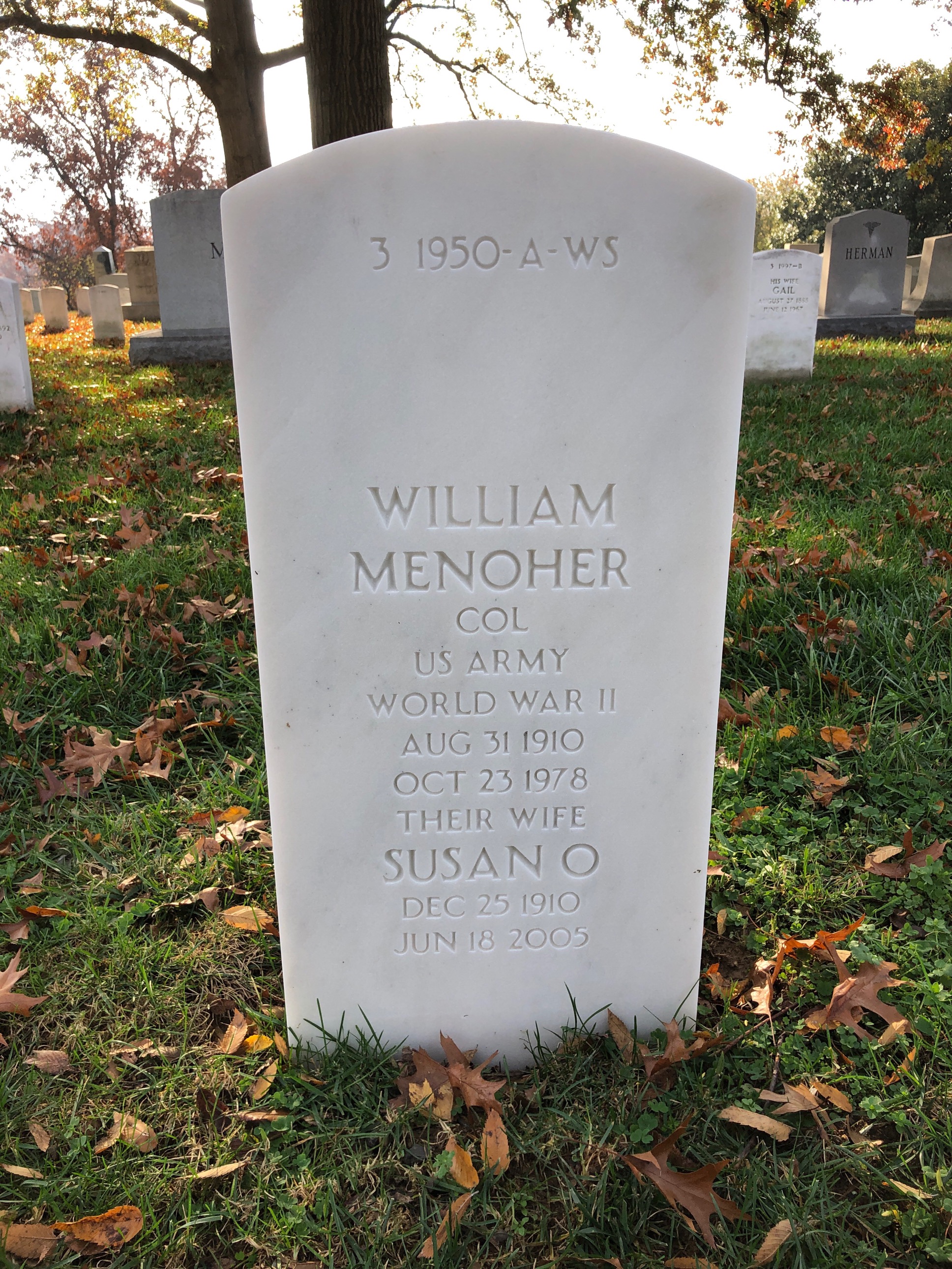 Back of headstone — William Menoher
