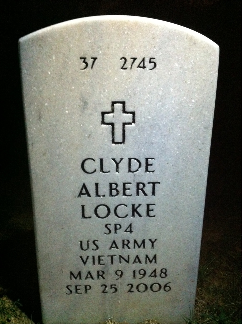 Back of headstone — Clyde Locke