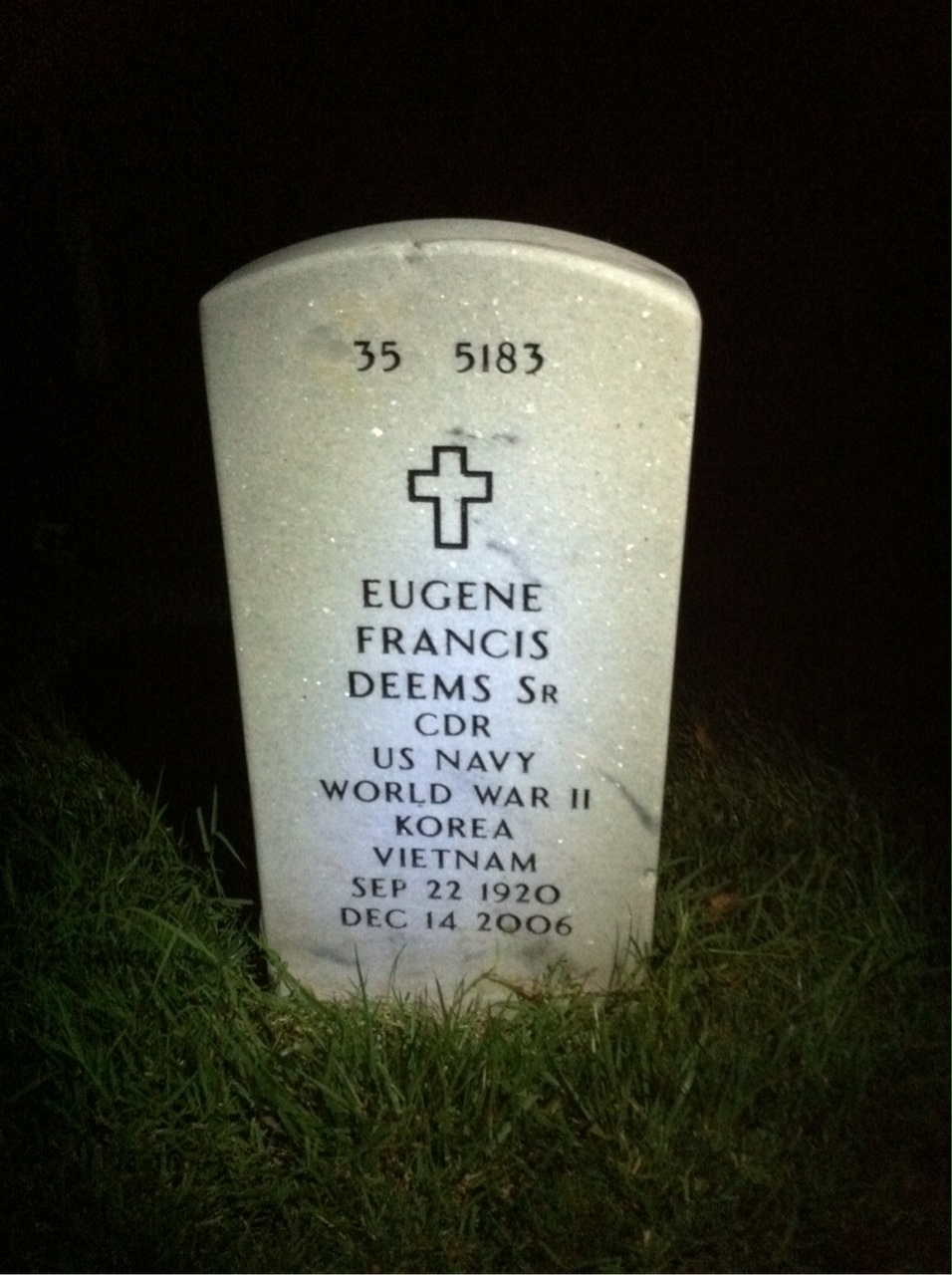 Back of headstone — Eugene Deems
