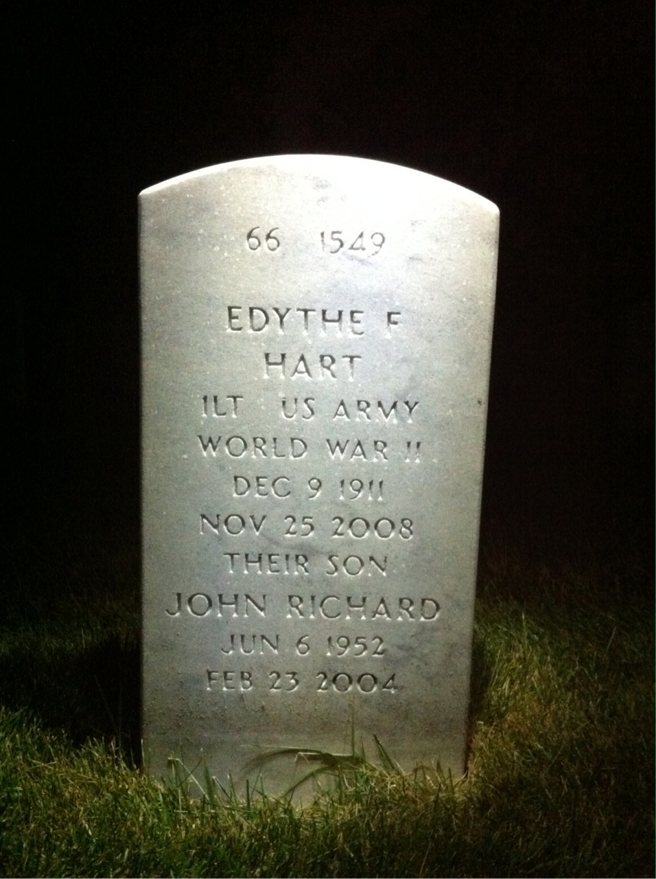 Back of headstone — Edythe Hart