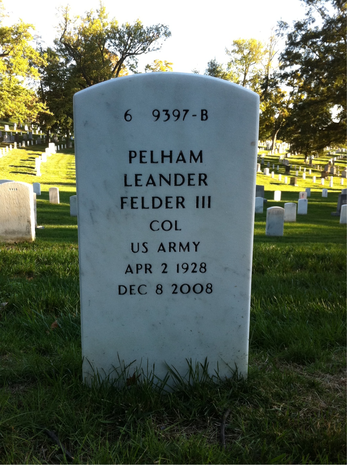 Back of headstone — Pelham Felder