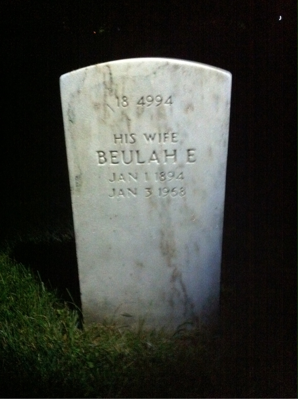 Back of headstone — Beulah Allen