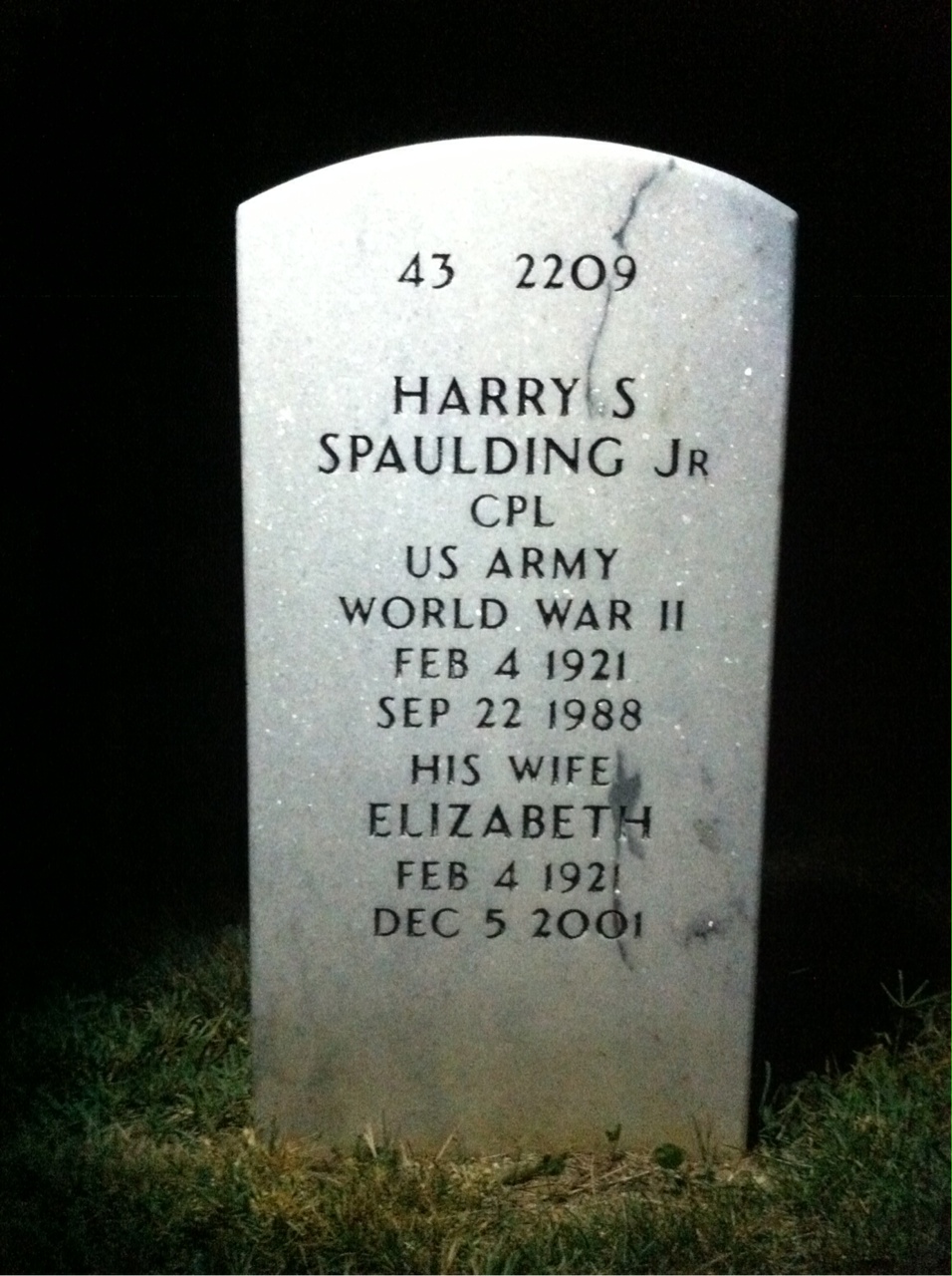 Back of headstone — Harry Spaulding
