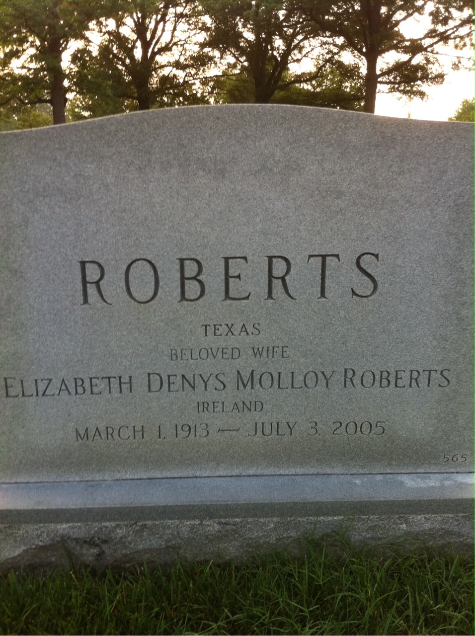 Back of headstone — Charles Roberts