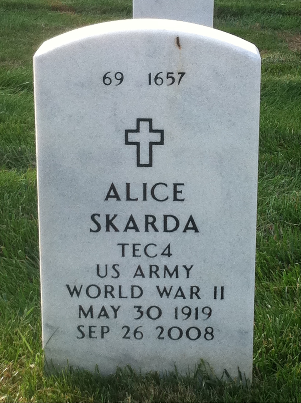 Back of headstone — Alice Skarda