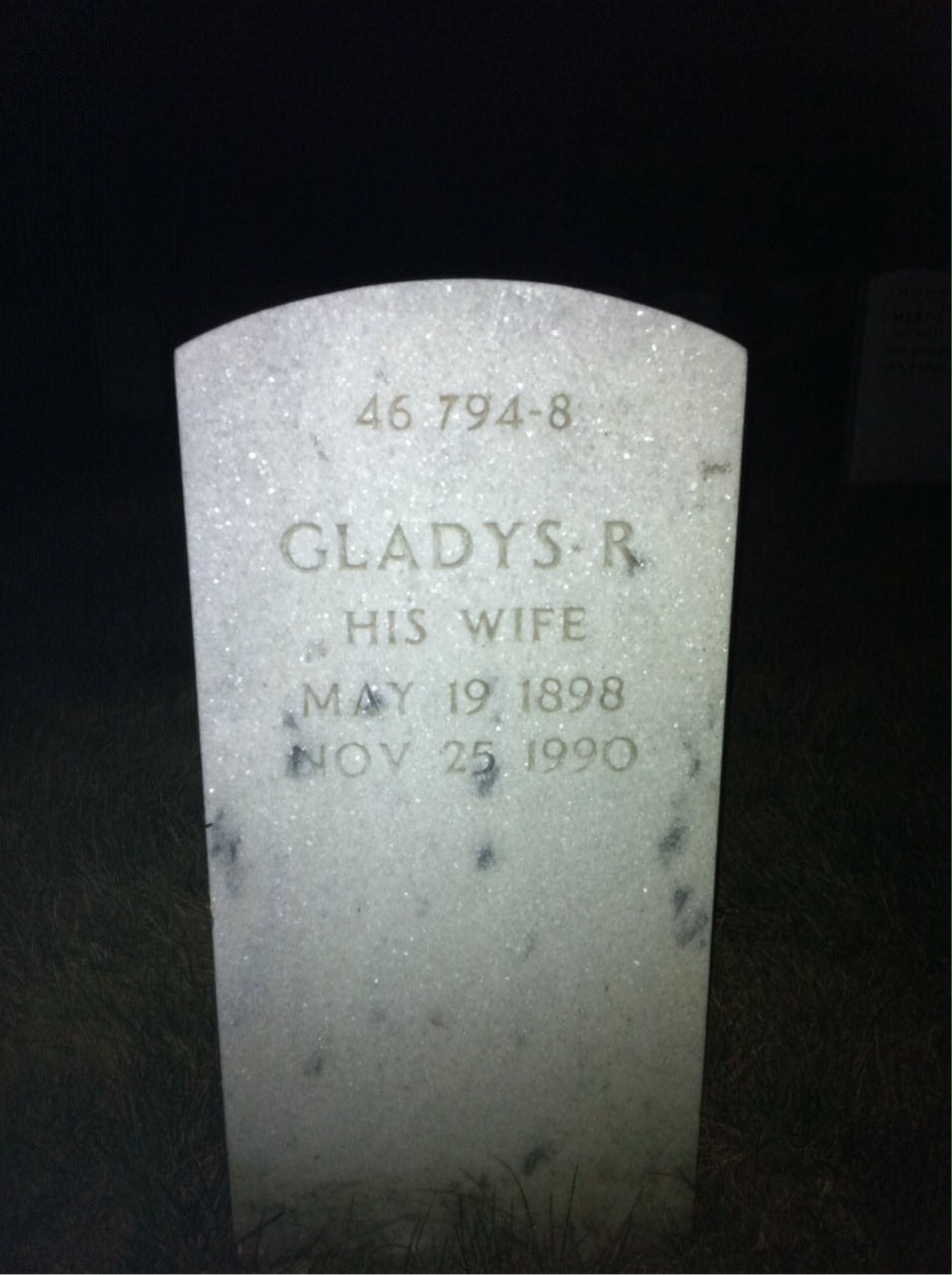 Back of headstone — Gladys Backman