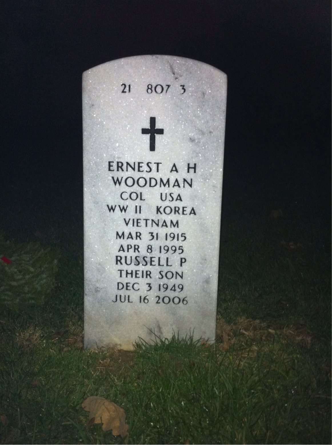 Back of headstone — Ernest Woodman
