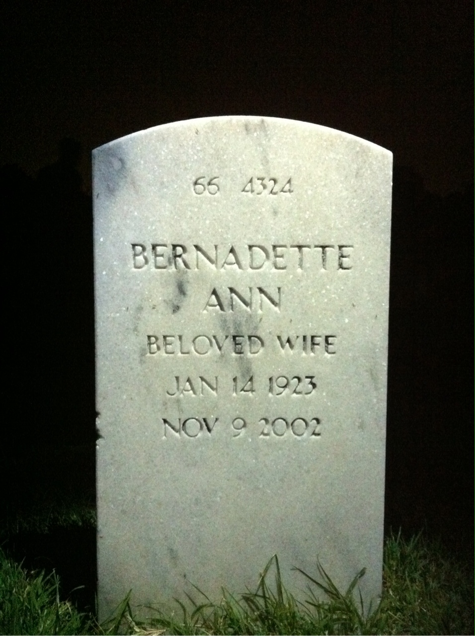 Back of headstone — Bernadette Adams