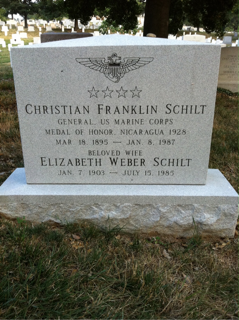 Headstone shared by 2 interments, including Christian F Schilt