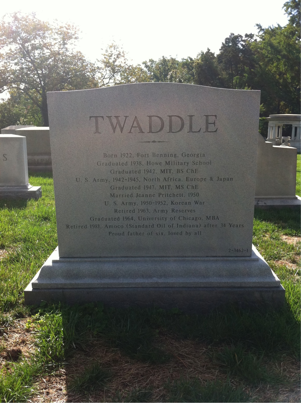 Back of headstone — Warren Twaddle