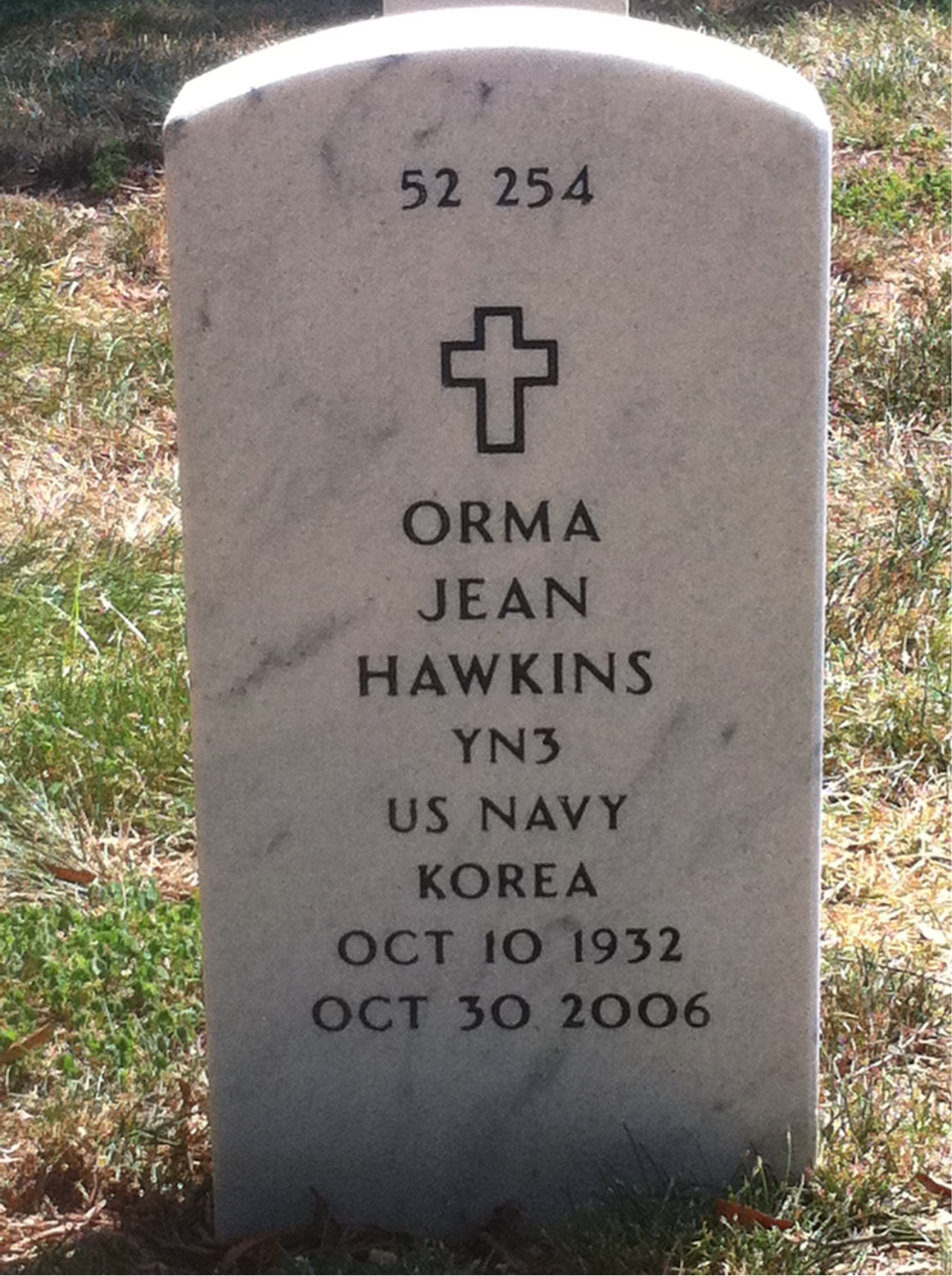 Back of headstone — Orma Hawkins
