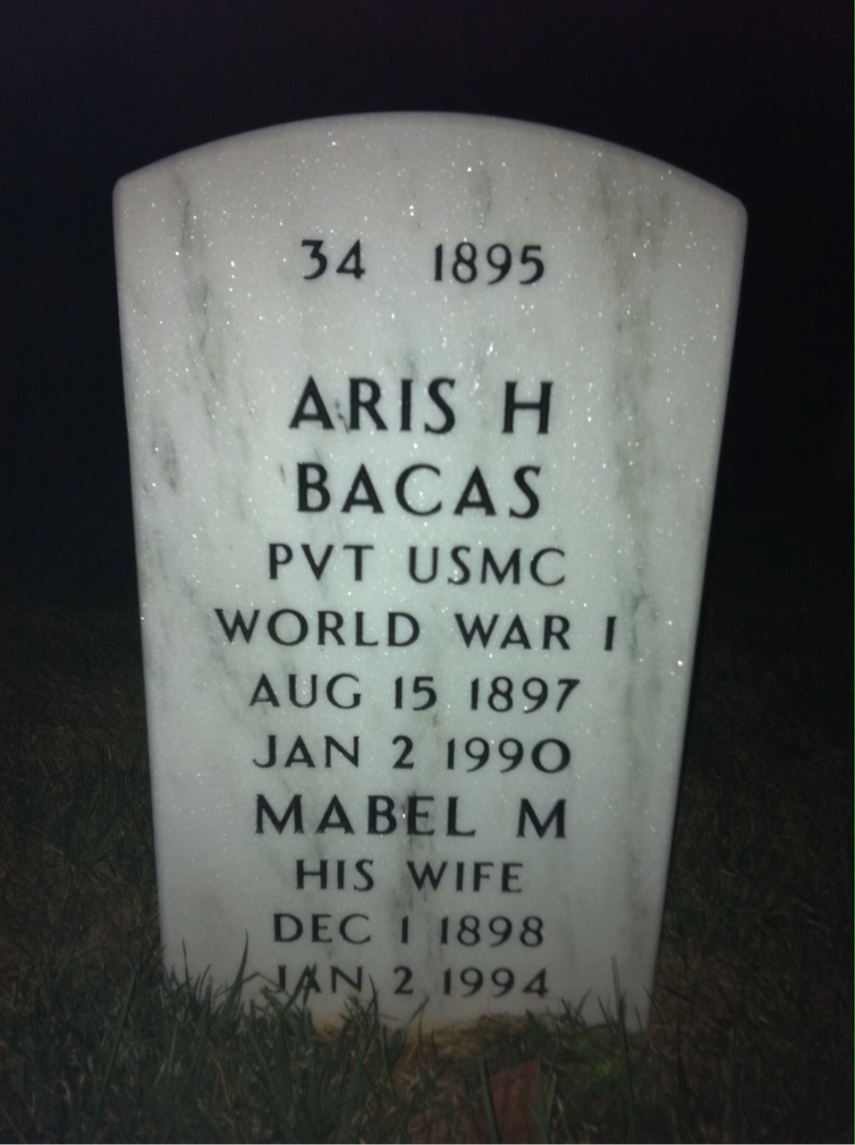 Back of headstone — Aris Bacas