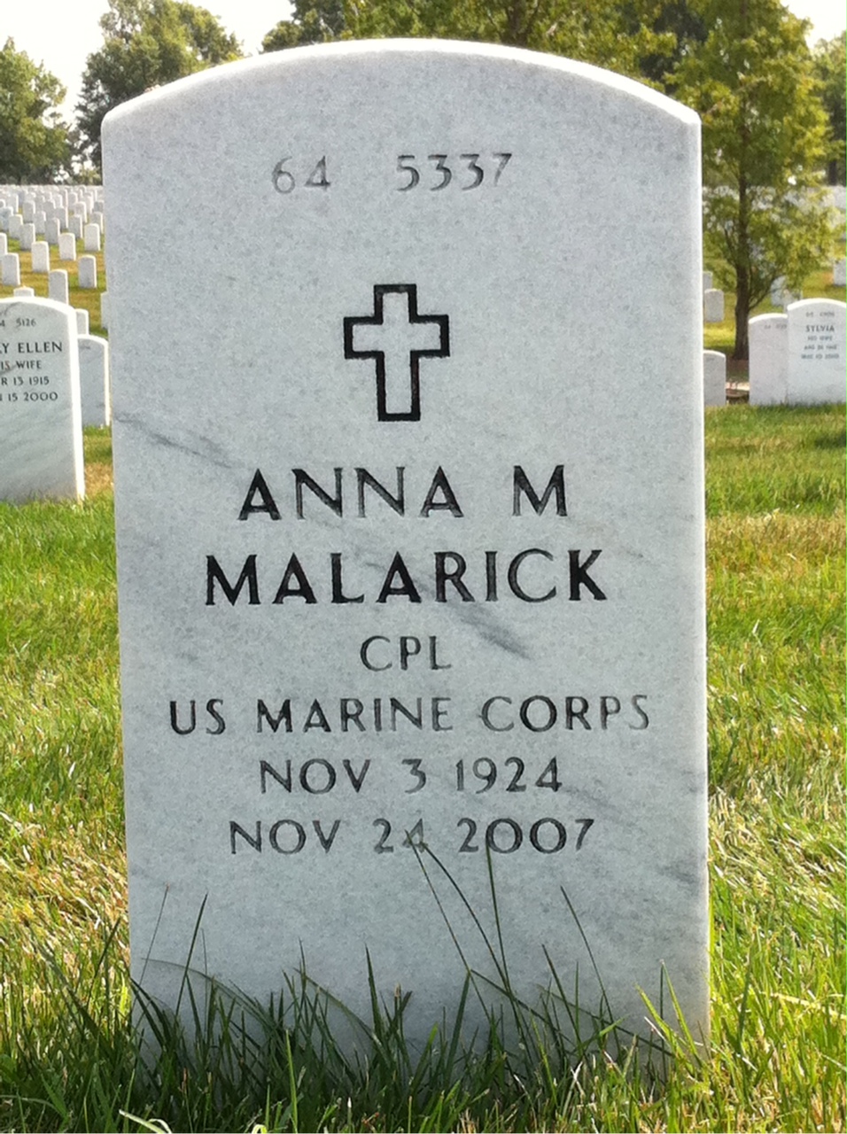 Back of headstone — Anna Malarick