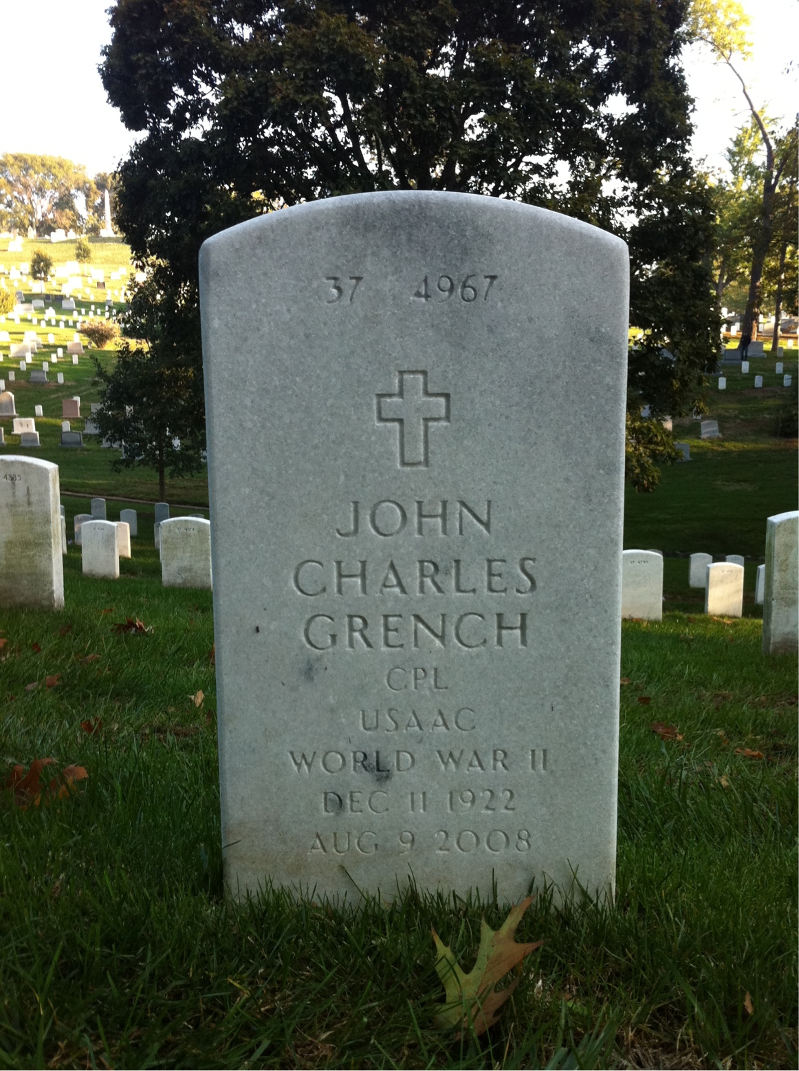 Back of headstone — John Grench