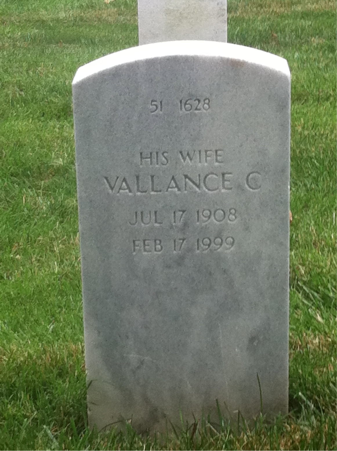 Back of headstone — Vallance Miller