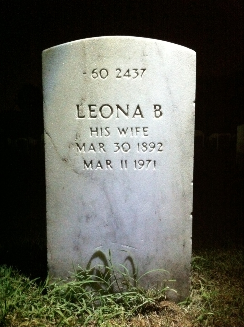 Back of headstone — Leona Moore