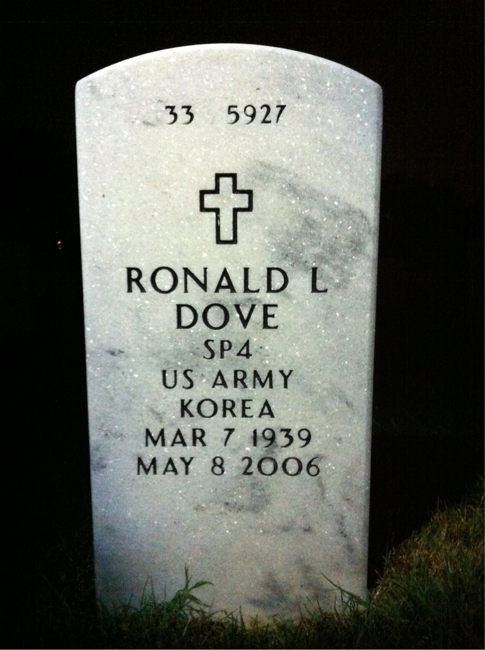 Back of headstone — Ronald Dove