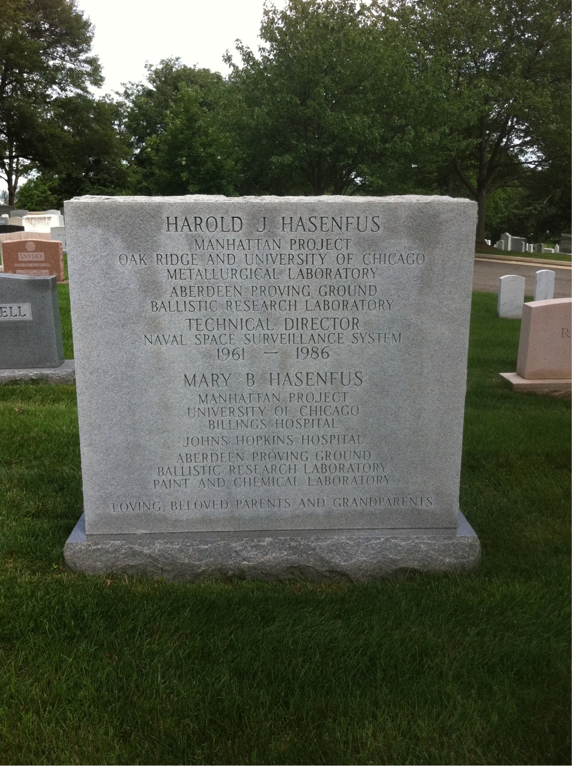 Back of headstone — Harold J Hasenfus