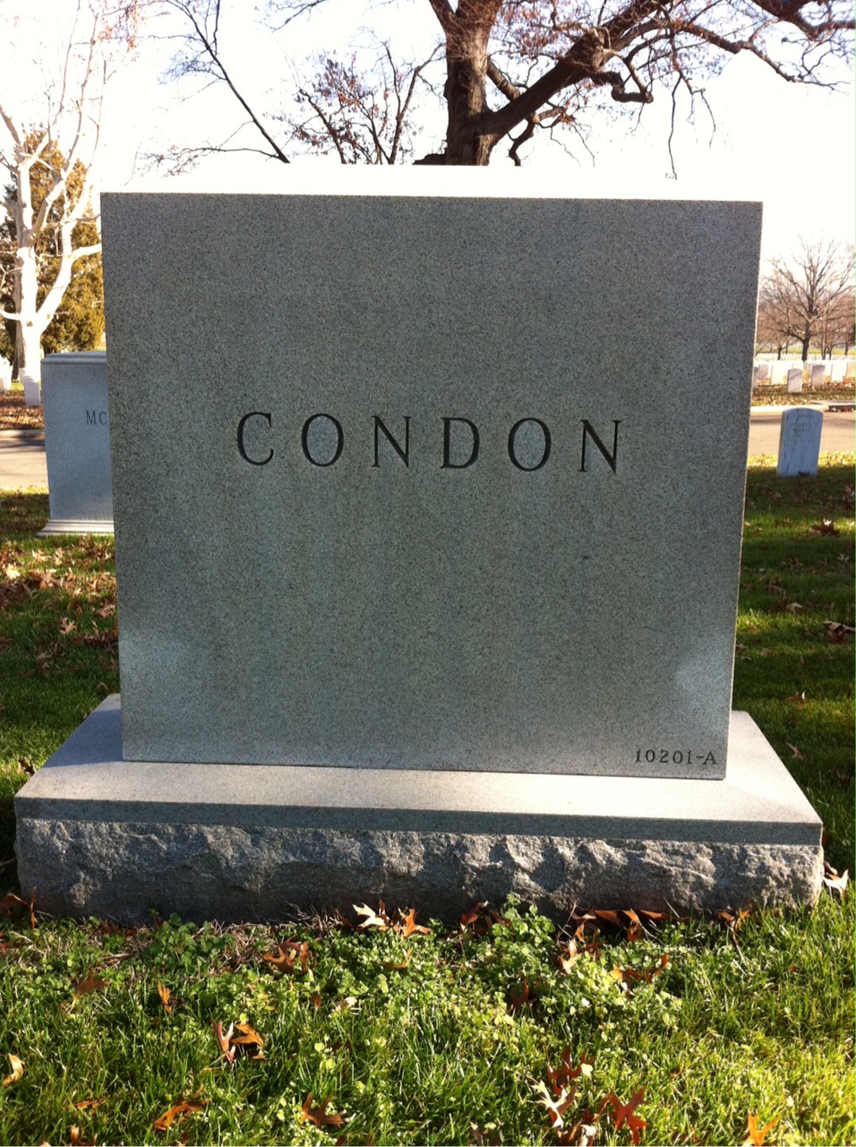 Back of headstone — David Condon
