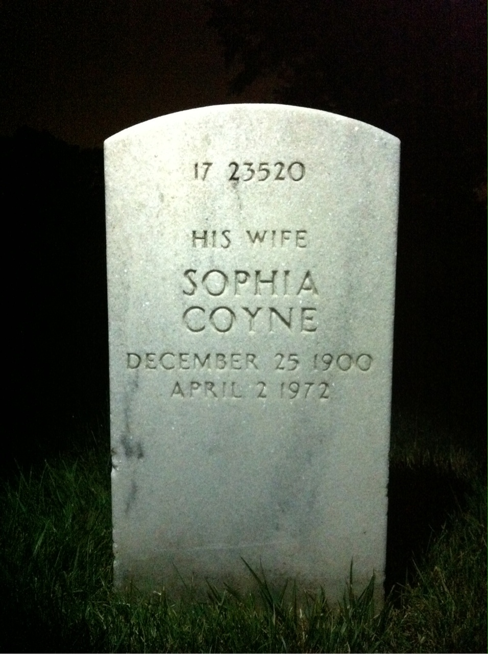 Back of headstone — Sophia Baker