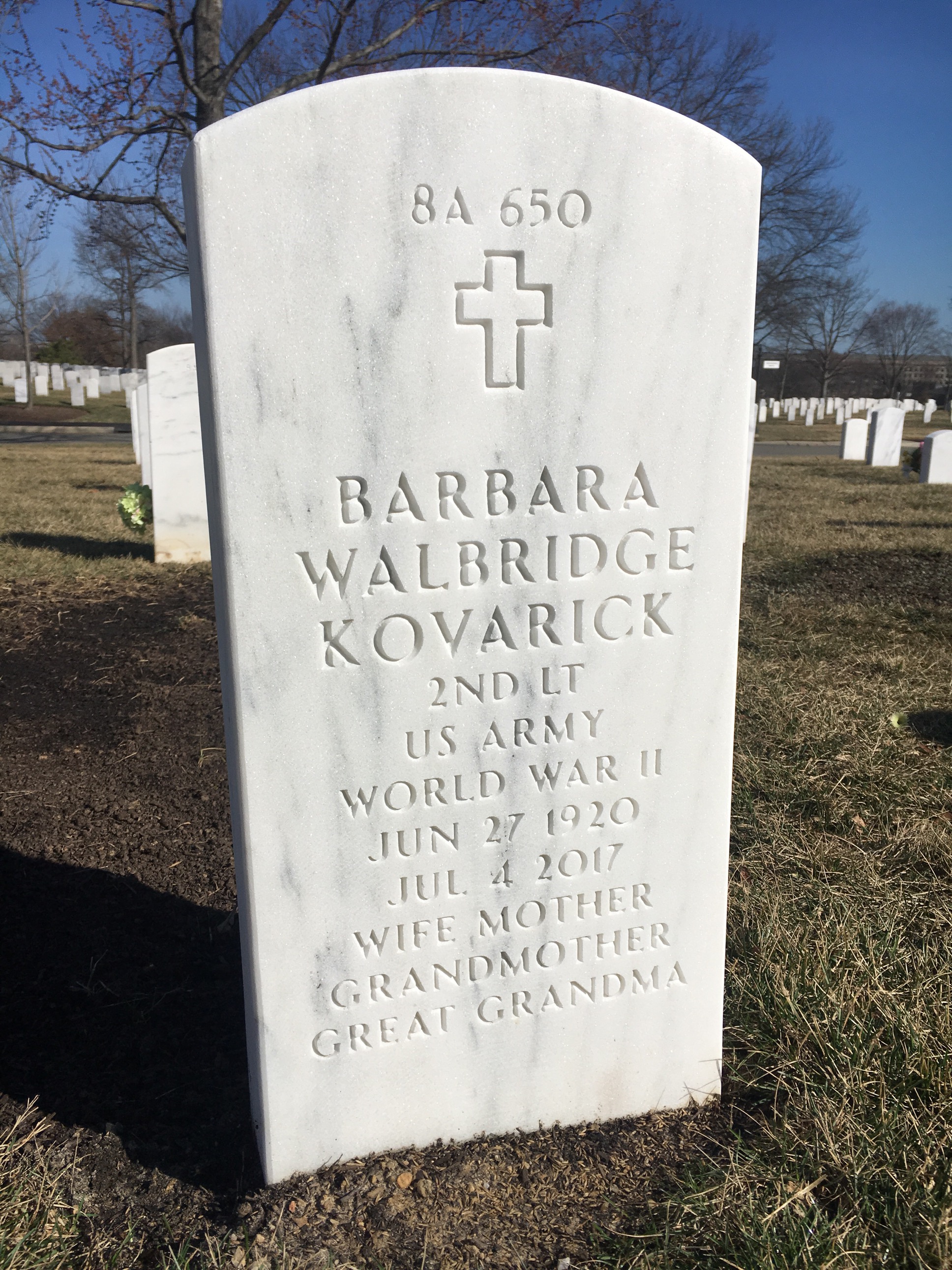 Back of headstone — Barbara Waldbridge Kovarick