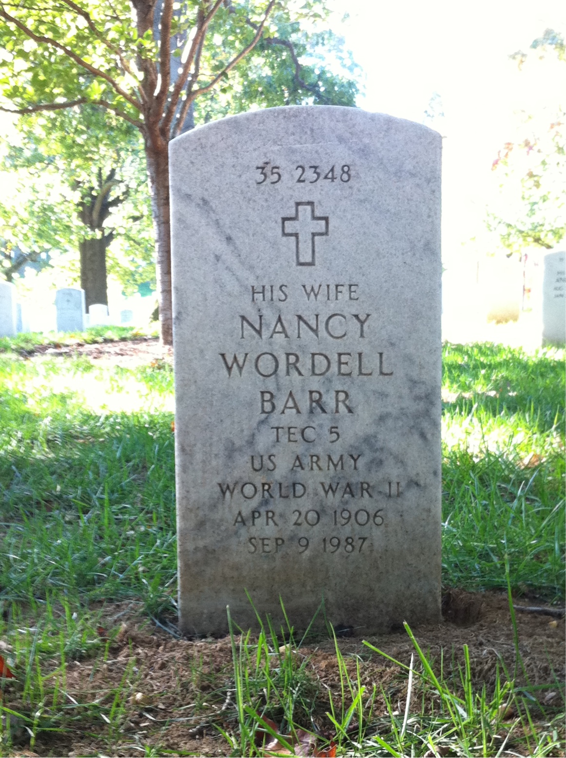Back of headstone — Marshall Barr