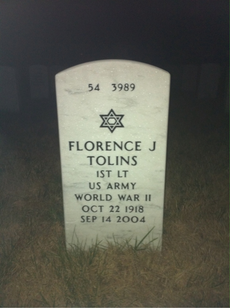 Back of headstone — Florence Tolins