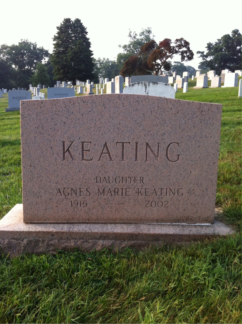 Back of headstone — Agnes Keating