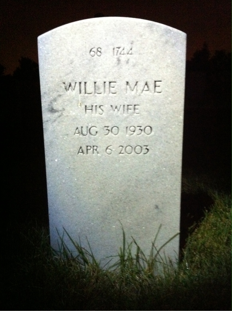 Back of headstone — Willie J Ervin