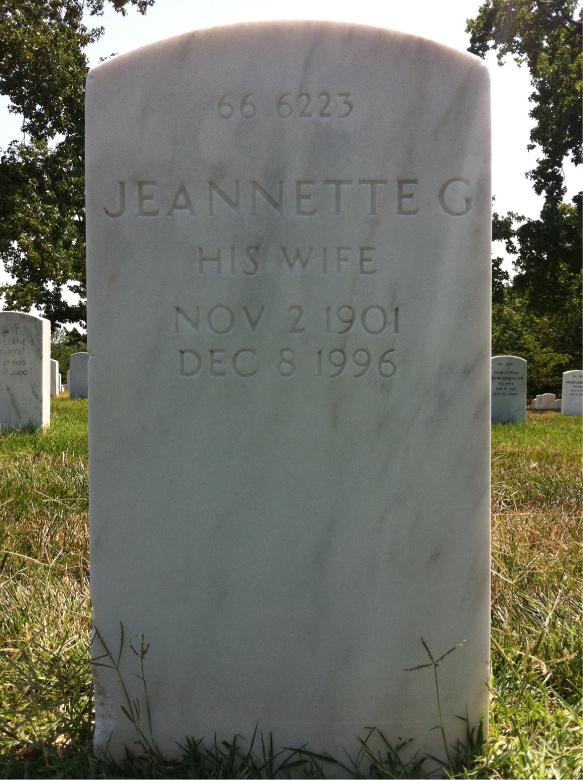 Back of headstone — Jeannette Adams