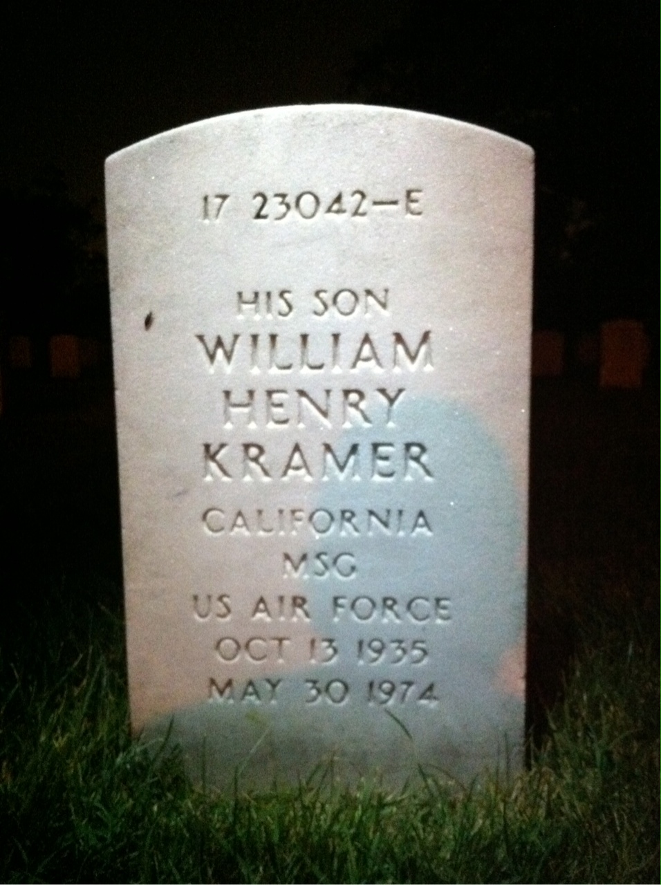 Back of headstone — William Henry Kramer