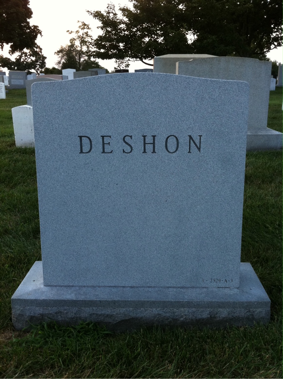 Back of headstone — George Deshon