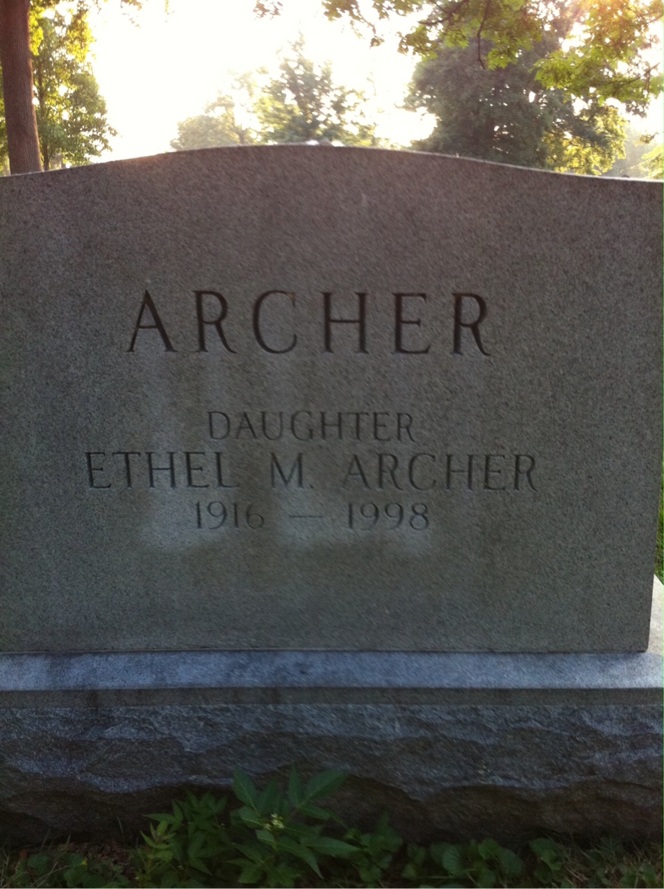 Back of headstone — Ethel Archer