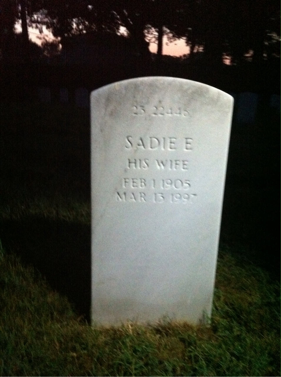 Back of headstone — Sadie Moore