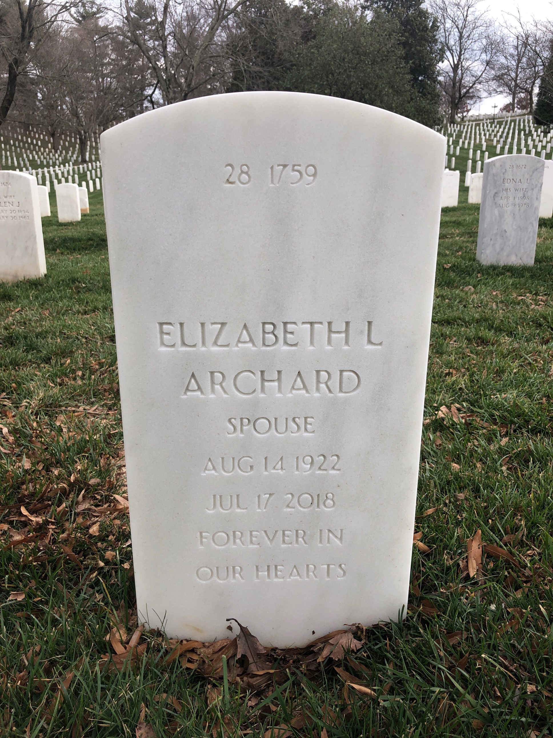 Back of headstone — Merrill Archard