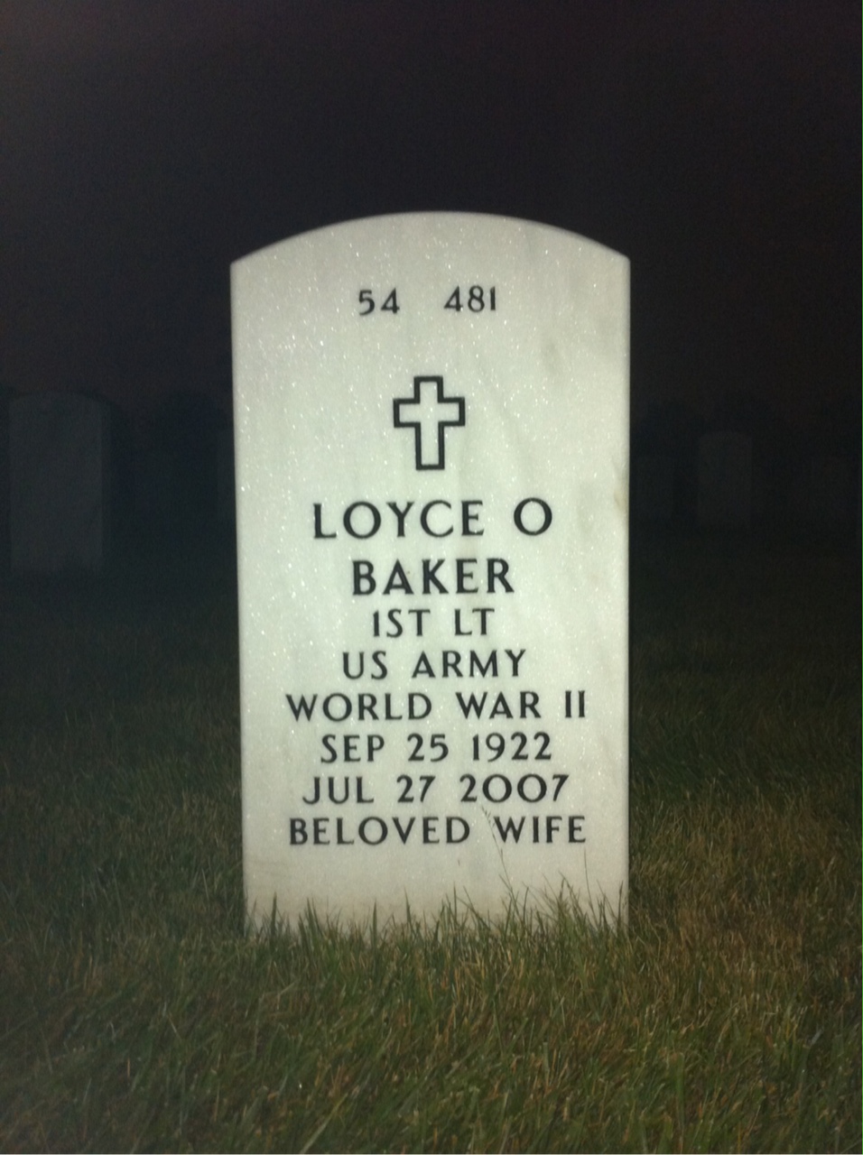 Back of headstone — Loyce Baker