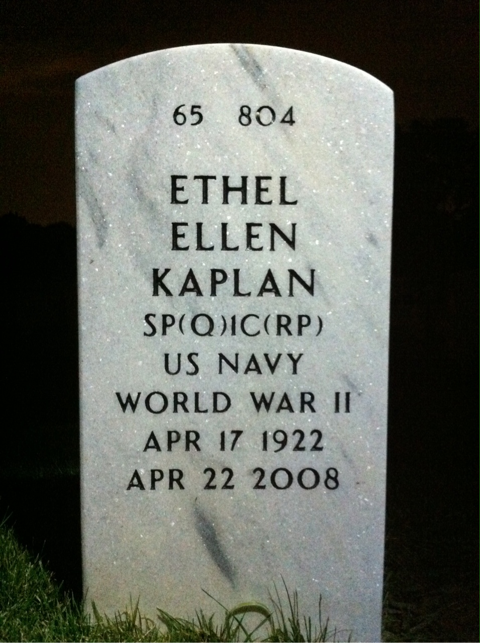 Back of headstone — Ethel Kaplan