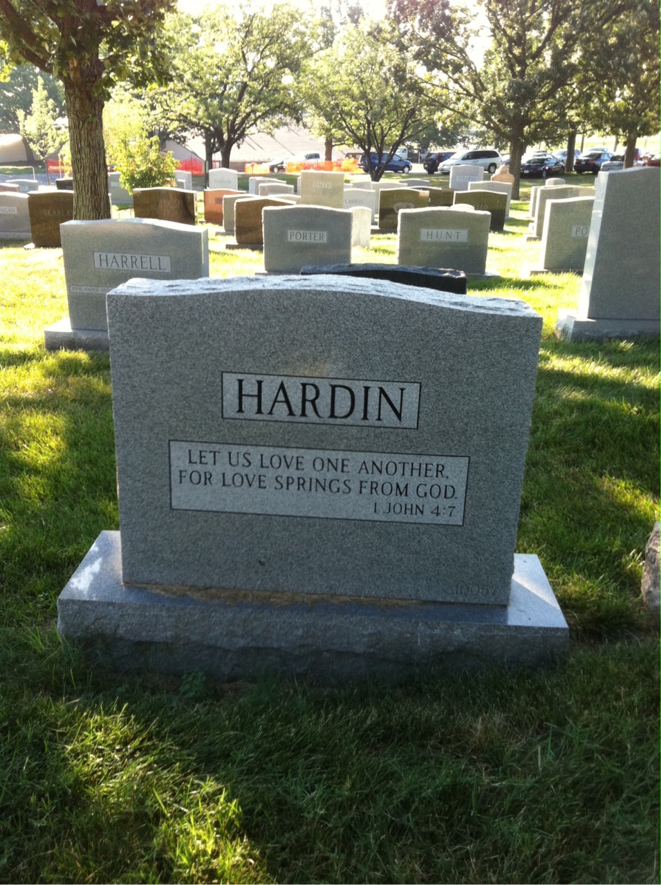 Back of headstone — Charles Hardin